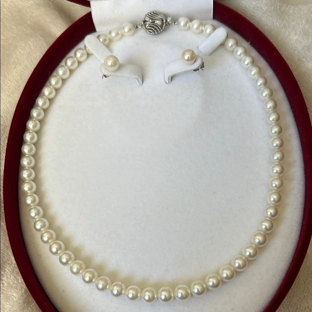Natural Pearl Necklace and Earings Set with Case